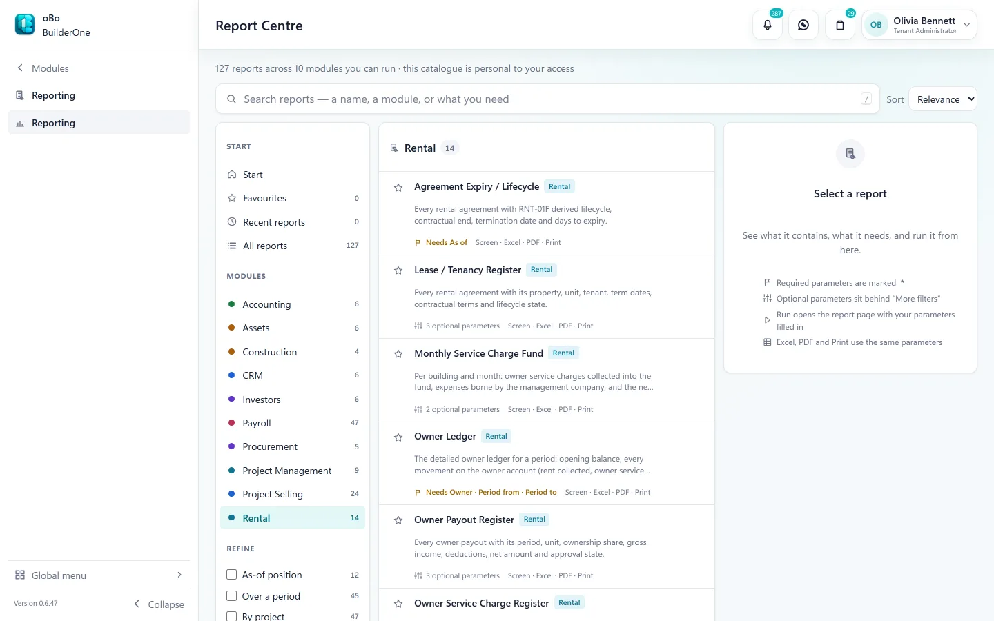 The Report Centre: 127 reports across 10 modules, filtered by module; each report runs on screen or exports to Excel, PDF and print.