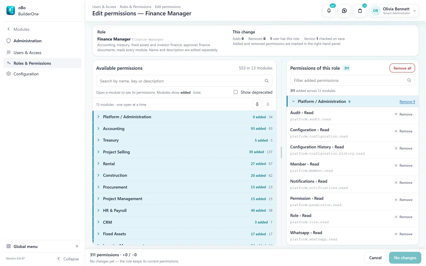 Edit permissions for the Finance Manager role: 553 available permissions in 13 modules on the left, the 311 permissions this role holds on the right.